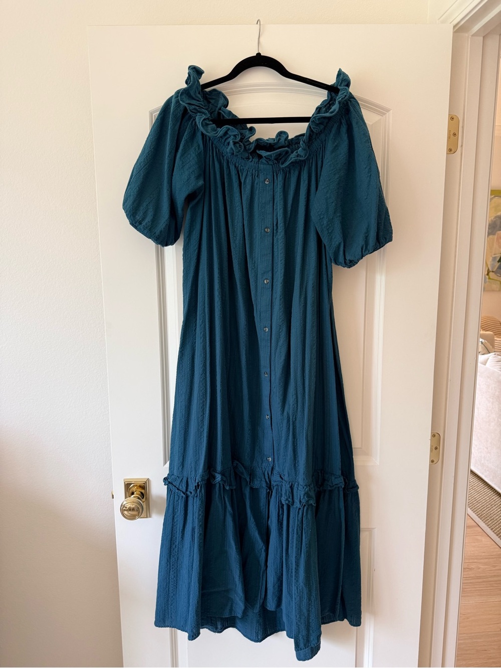 Anthropologie Teal Ruffled Off the Shoulder Button-Front Midi Dress